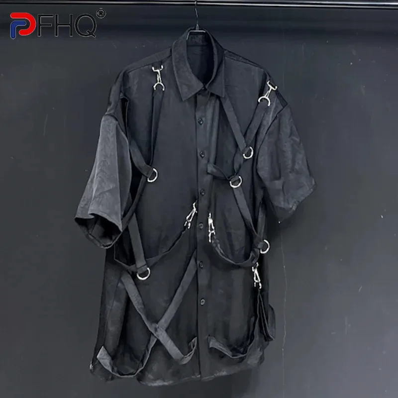 

PFHQ Design Short Sleeved Shirt Ribbons Loose Silhouette 2024 Solid Color Single Breasted Korea Fashion Darkwear Tops 21Z5131