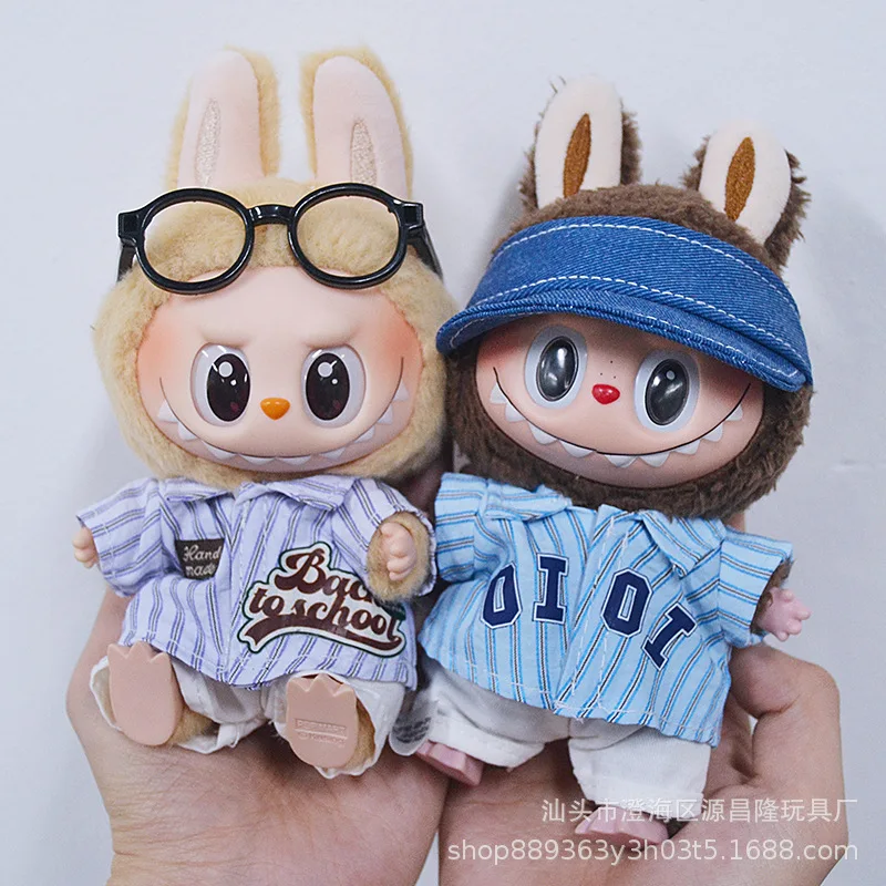 

Vintage American Shirt Set and Overalls Set 17CM Pendant Labubu Doll 17cm Labubu Generation 1 2 and 3 Macaron Color Set