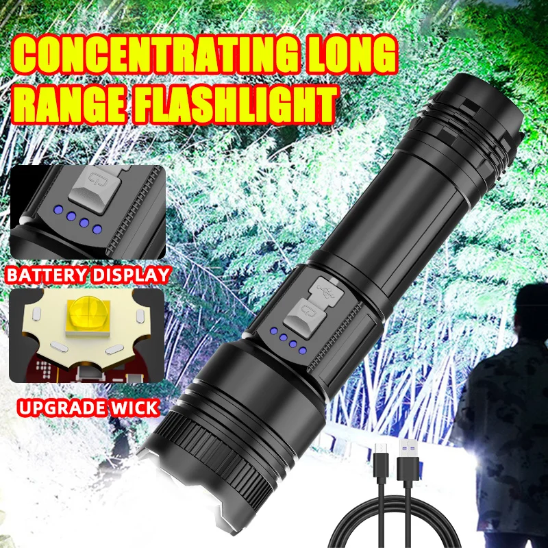 Strong and ultra bright long-range flashlight with adjustable zoom and multiple levels of focus, floodlight, and long-range lase