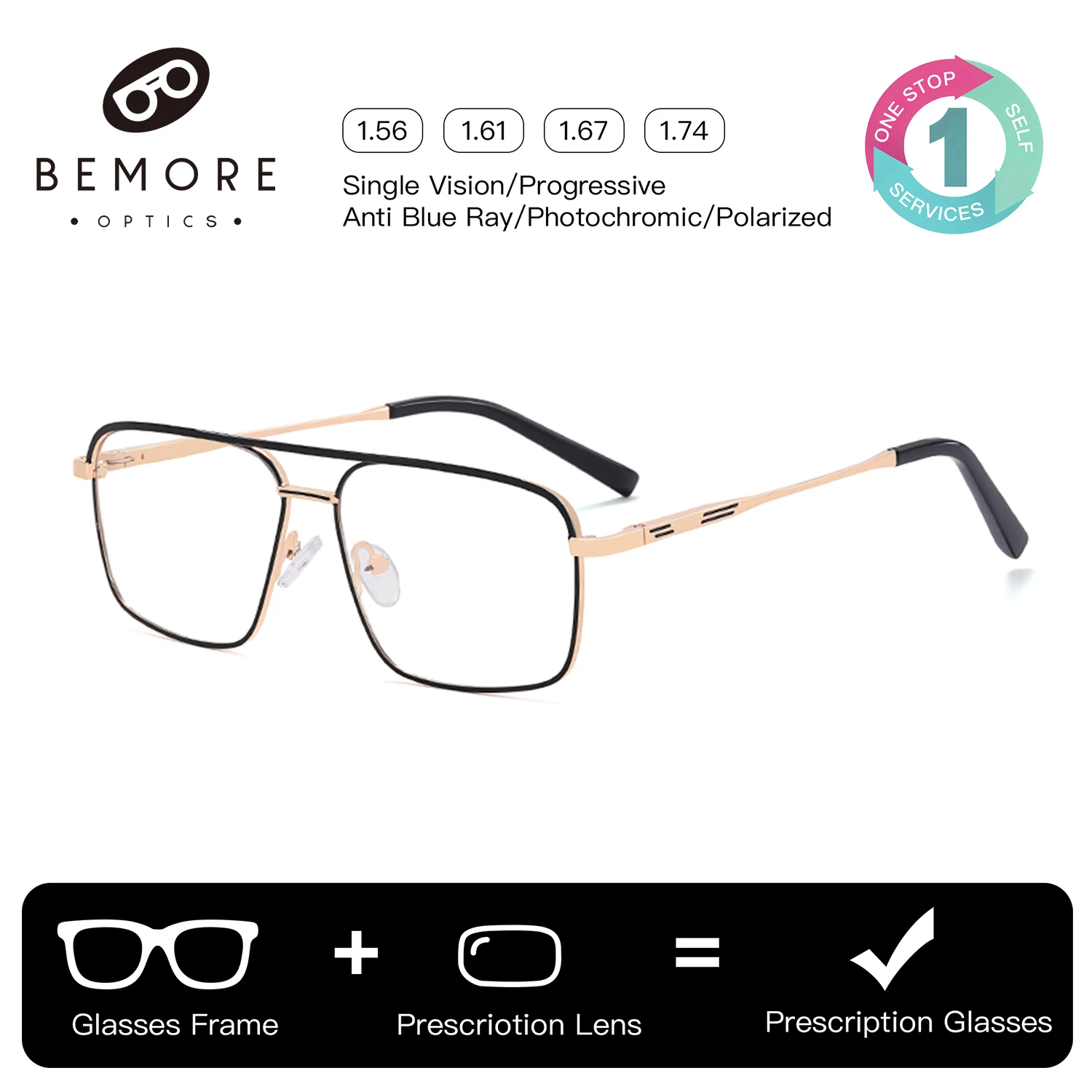 

BEMORE Trendy Pilot Metal Alloy Progressive Multifocal Glasses Man Anti-Blue Light Photochromic Grey Prescription Eyewear