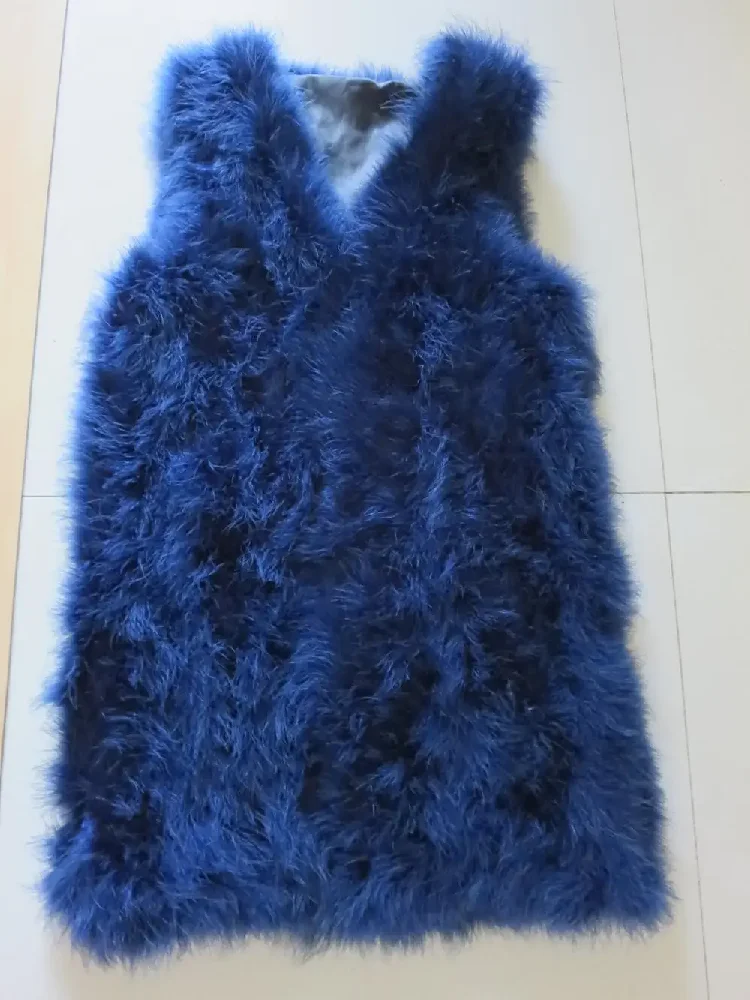 Women's Real Ostrich Feather Fur long Vest Winter Warm Waistcoat Fashion Royal Blue