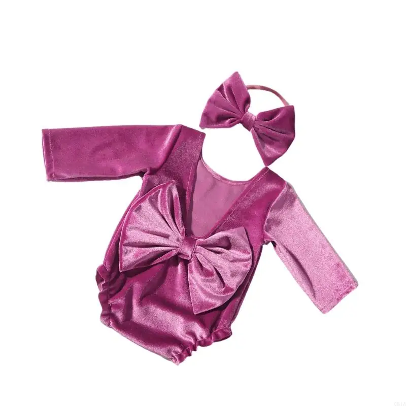 Q81A 벨벳 복장 베이비 롬 퍼 아기 사진을위한 헤드 라본 보우 노트 의류