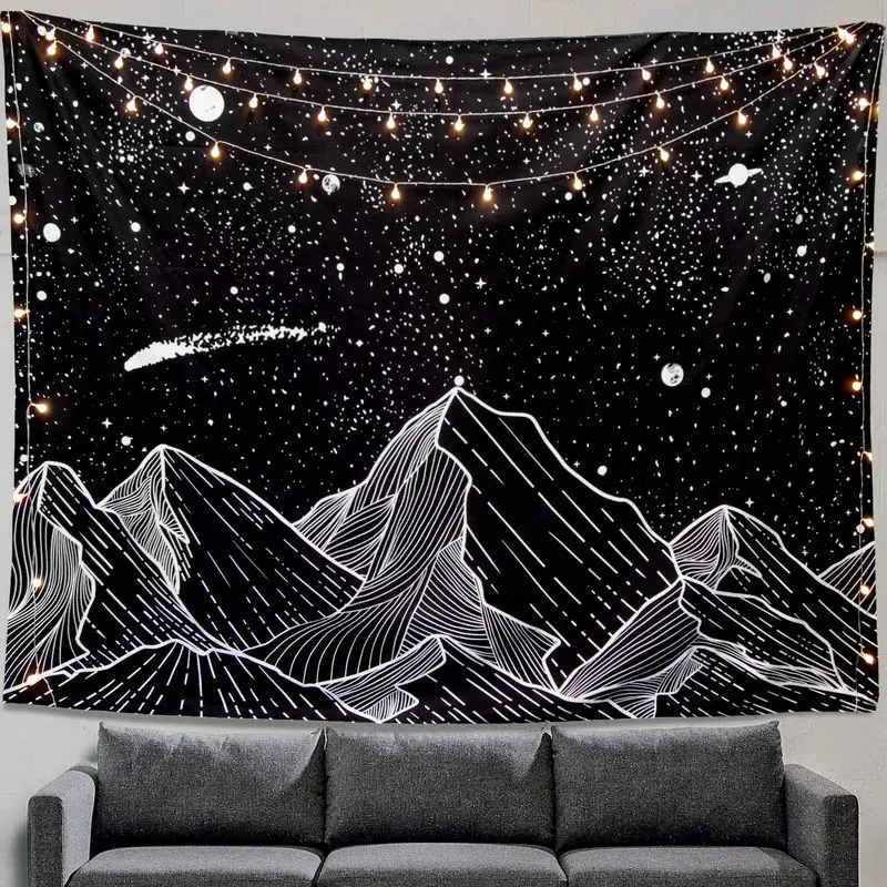 VIKAMA Black White Mountain Forest River Tapestry, Psychedelic Starry Bohemian Wall Hanging for Bedroom Dorm Decor