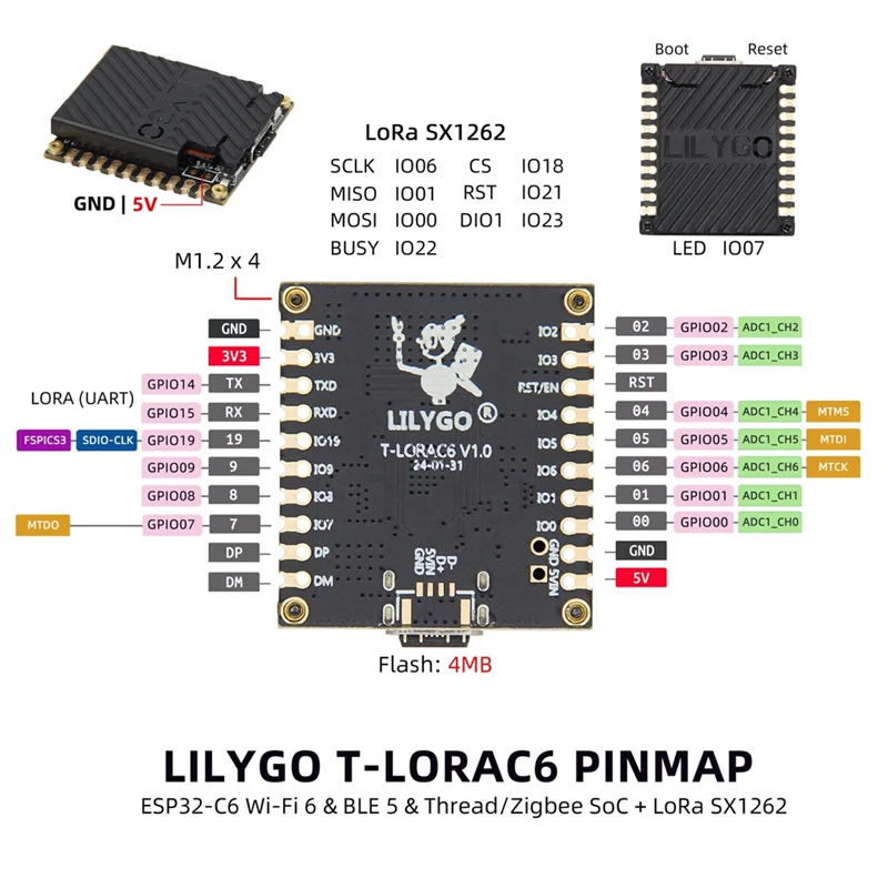 

ABKI-Lilygo T-Lorac6 ESP32-C6 Модуль Lora Lorawan Плата разработки малой мощности дальнего действия Withsx1262, отверстия для штампов 915 МГц