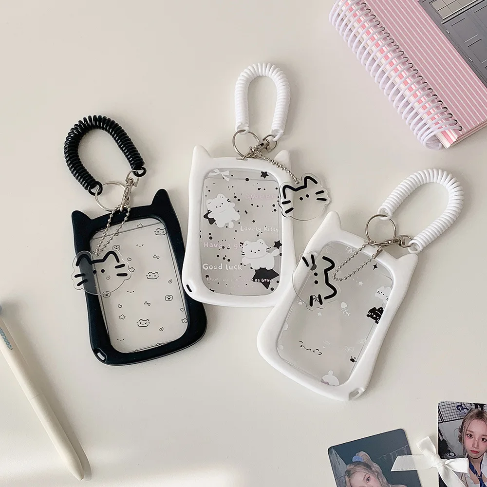 Girls Transparent Cat Cartoon Card Holder Elastic Rope Pendant Card Pouch Student Campus Bus Card Protective Sleeve