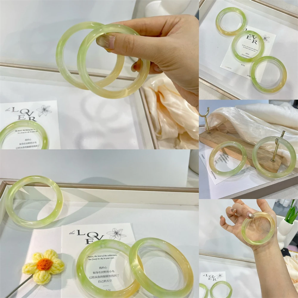 OUYADI Women New Chinese Cat Eye Bangle, Lemon Yellow Spring Gradient Round Smooth Bracelet for Holiday Gift