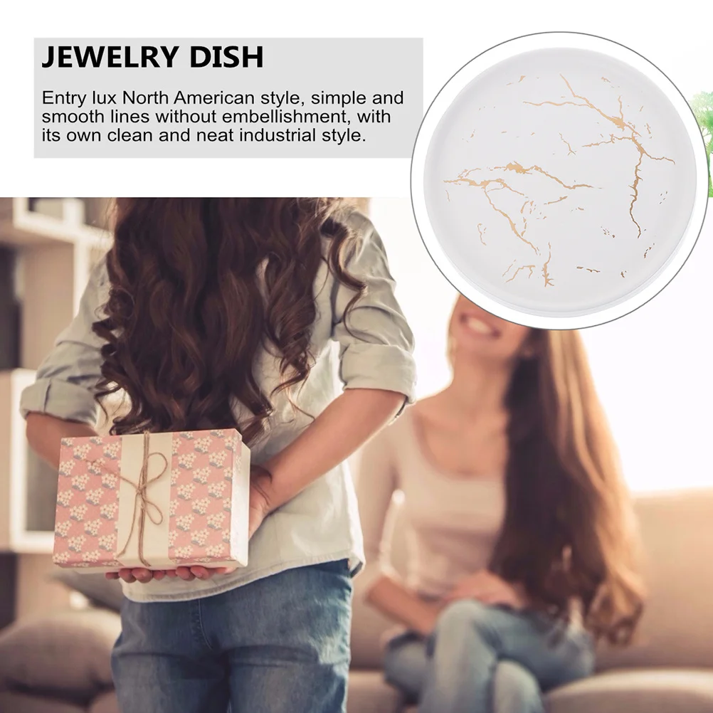

Jewelry Trinket Dish Round Ceramic Tray Gold Ring Holder Display Plate Marble Decoration