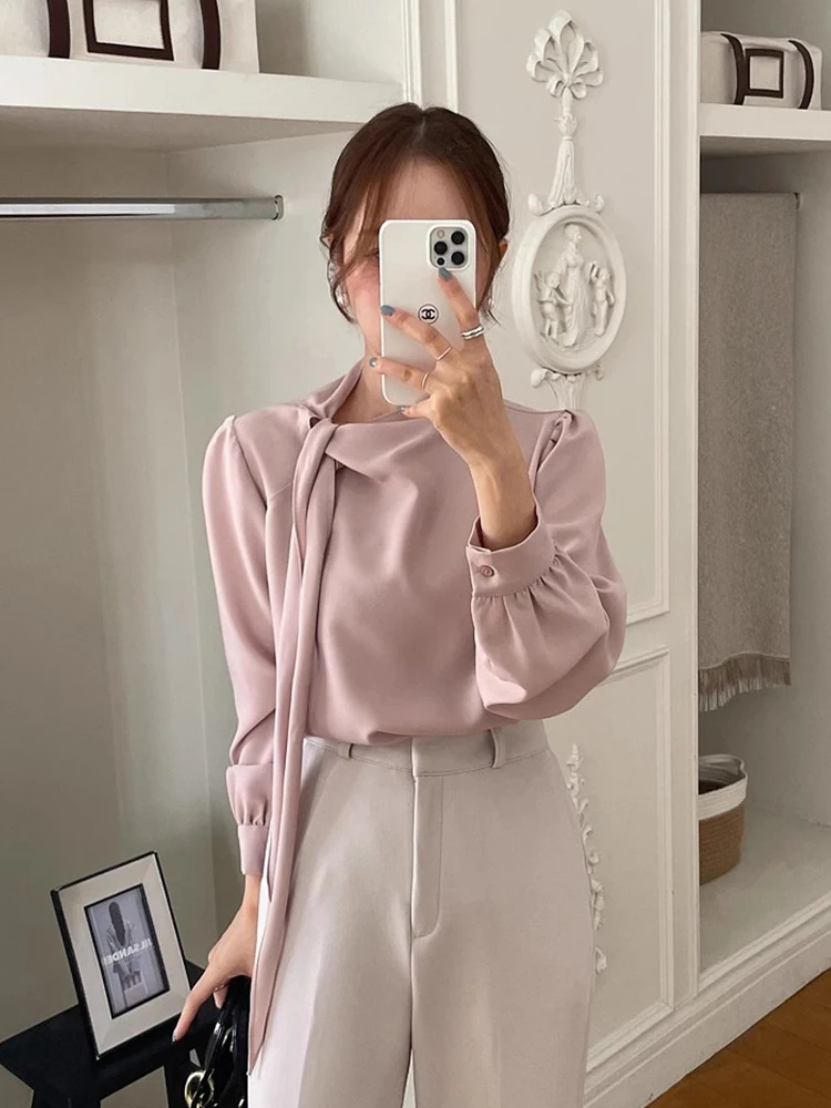 

Ele Long Sve Loose Comfortable Women's irt with Bow Knot Design Versatile for Early Spring Korean Sle Casual Wear