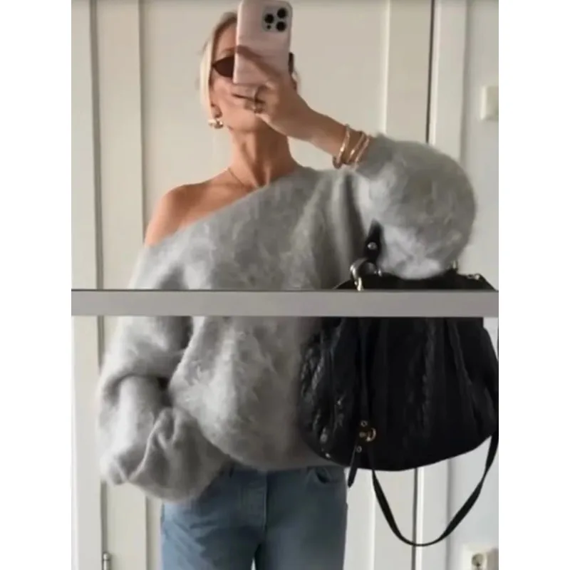 

Grey Casual Knitted Pullover Women Loose Off-shoulder Long Sleeve Short Sweater 2025 Autumn Winter Lady Warm Street Knitwear