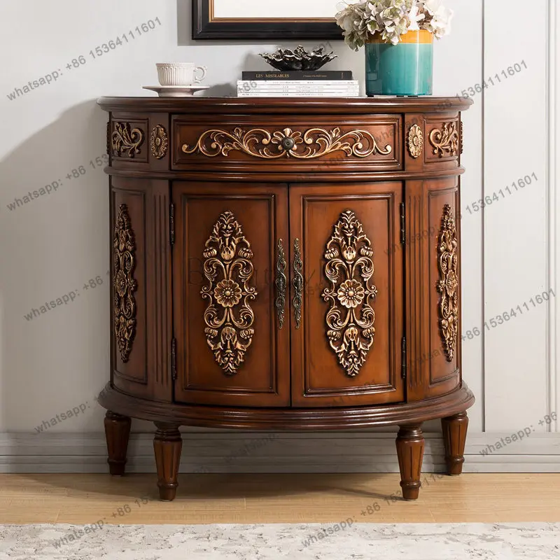XX. American rural solid wood retro semicircular entrance cabinet light luxury living room decoration cabinet