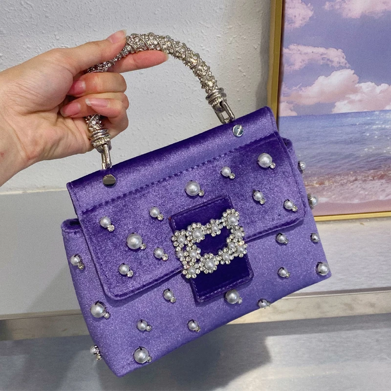 Velvet Denim Evening Rhinestones Clutch Party Bag For Women Luxury Designer Handbags Purse 2023 New In Pearl Shoulder Crossbody