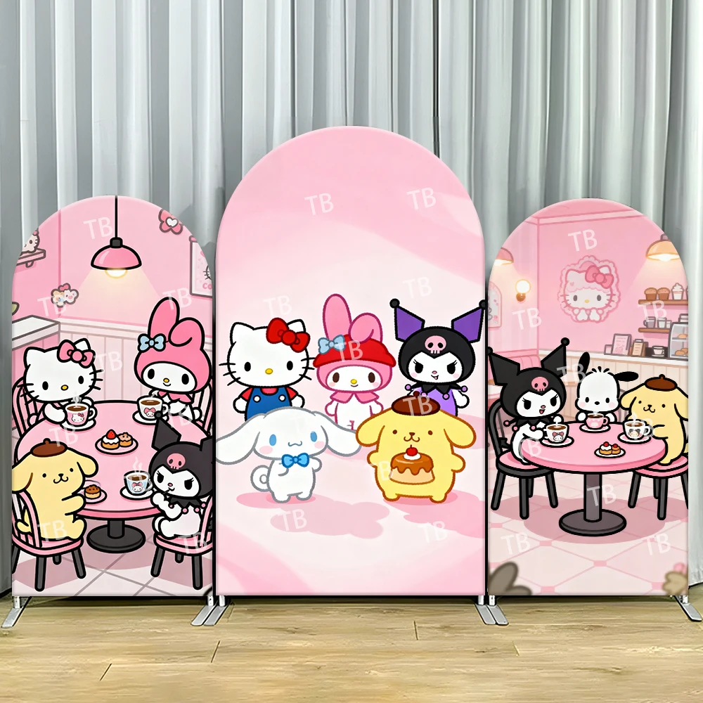 

Sanrio Characters Arch Backdrop Cover Hello Kitty My Melody Pink Cafe Theme Decor Photo Booth Prop for Kids Birthday Party