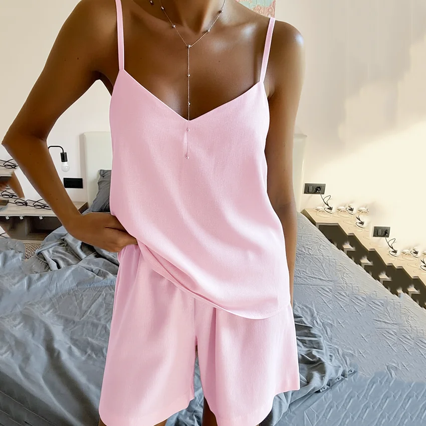 

HiLoc домашние пижамы на тонких бретельках, весенние шорты с эластичной резинкой на талии и жилетом без рукавов, комплекты из 2 предметов, женские повседневные костюмы