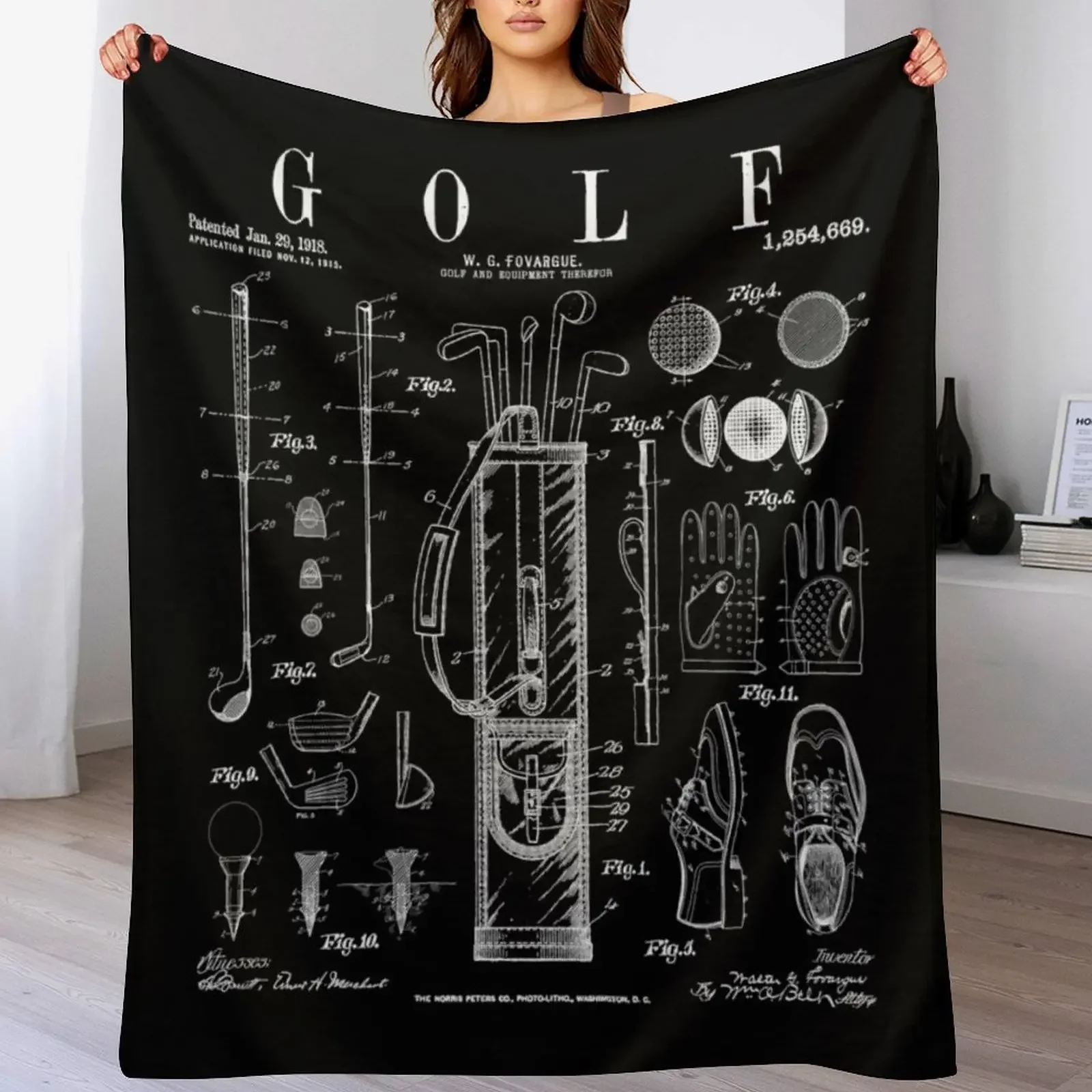 Golf Club Golfer Old Vintage Patent Drawing Print Throw Blanket Cozy Sofa Blanket for TV Watching Napping