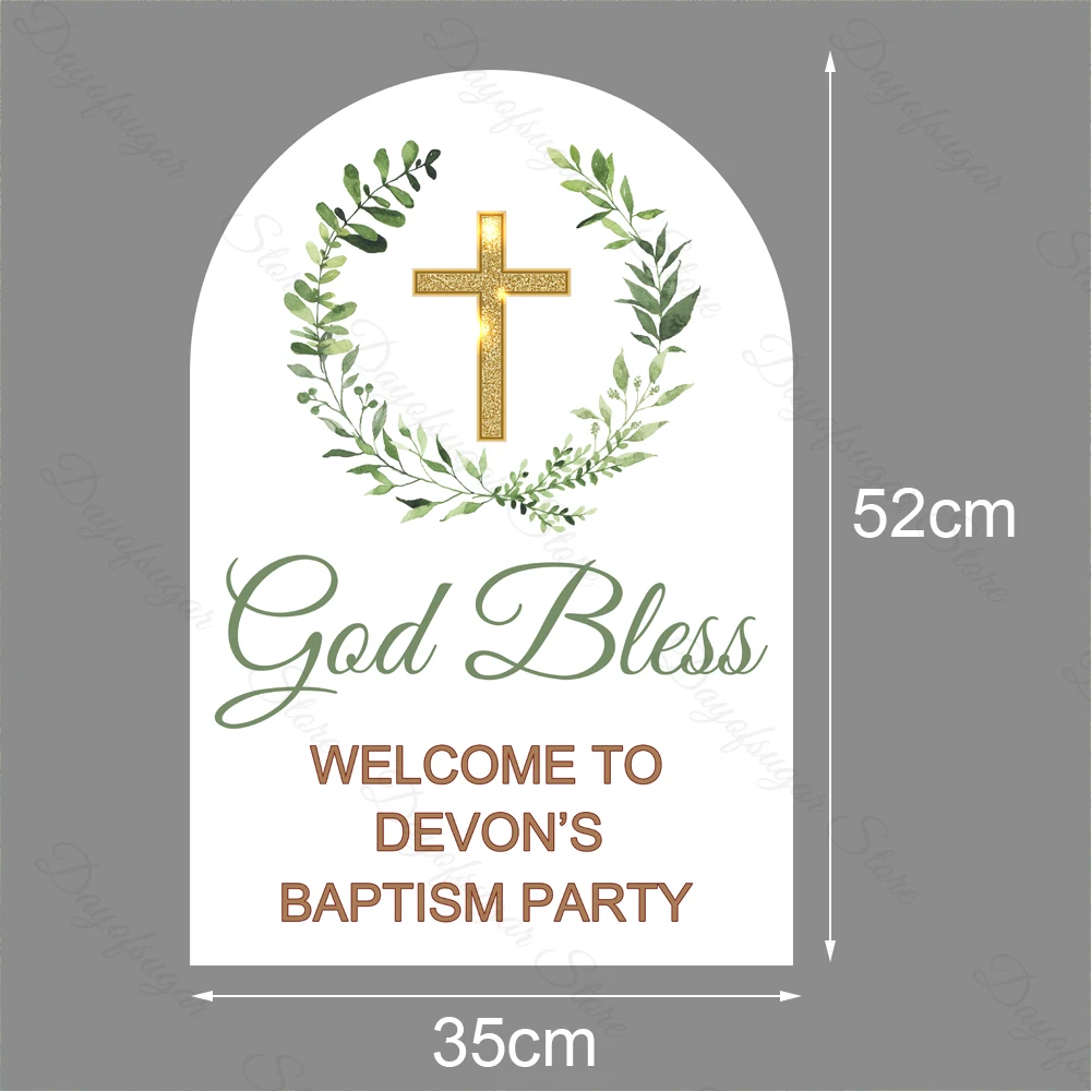 Personalized God Bless Welcome Sign Gold Cross Customized Bapstism Sign Board for Christening Baptism Communion Party Decoration