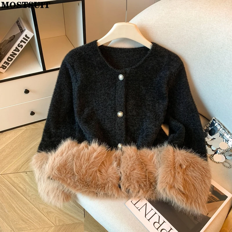 

Stylish Fur Knitted Sweater Cardigan Women 2026 Spring Long Sleeve O-neck Tops Coats Color-blocked Elegant Ladies Jumpers