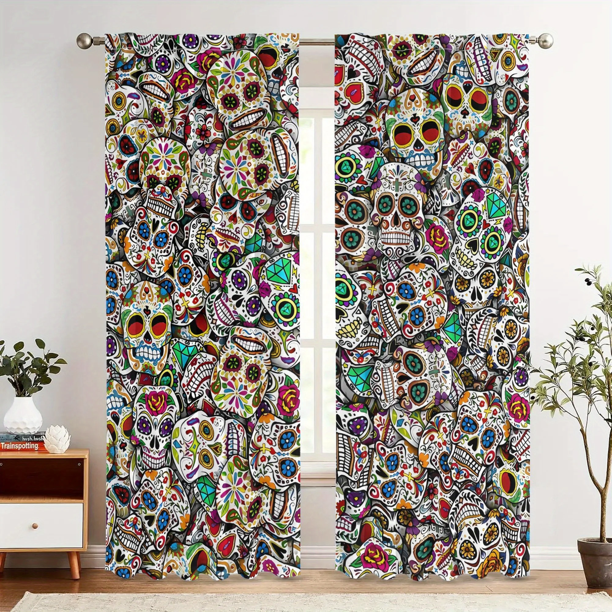 Mexican sugar skull curtains, pole-mounted installation. Suitable for living rooms, bedrooms, dining rooms and hotels.