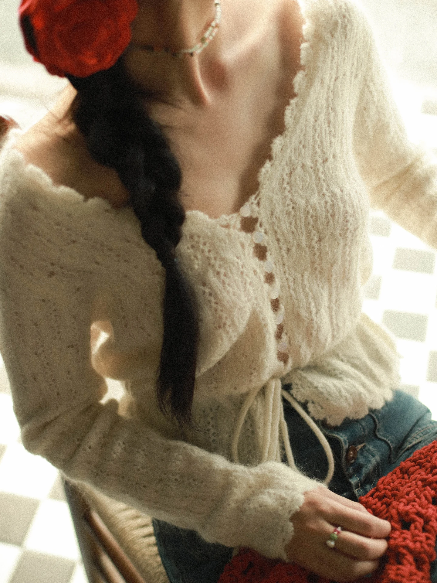 

Вязаный свитер ручной работы с цветочным узором и кисточками, V-образный вырез, из смесовой шерсти, женский, модный, винтажный, теплый, осенне-зимний