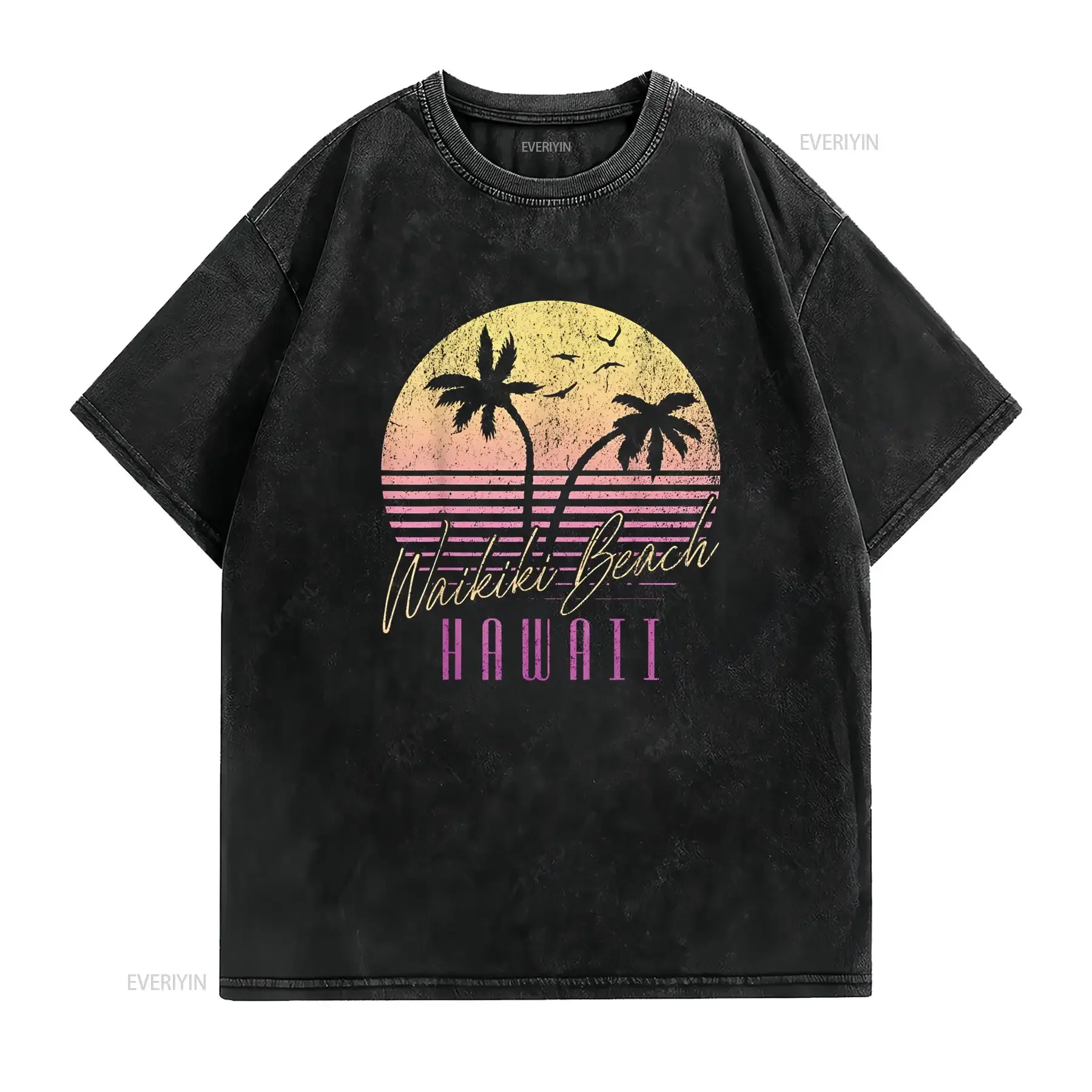Waikiki Beach Oahu Hawaii Hawaiian Tropical Sunset T Shirt vintage Washed Casual Breathable streetwear fashion graphic