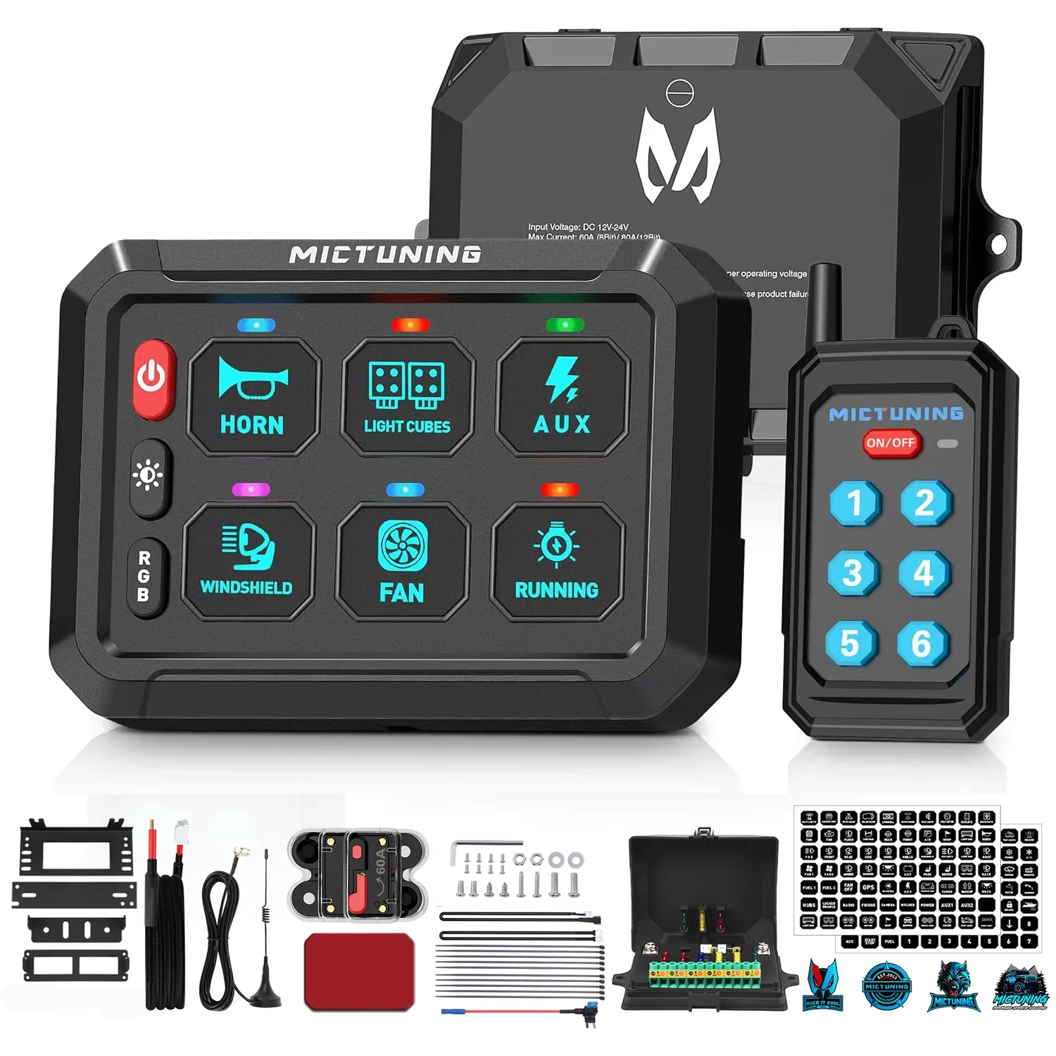 MICTUNING P1Y RGB 6 Gang Switch Panel Wireless Remote Control,Range Up to 230FT,6 Level Brightness Circuit System Box for Car