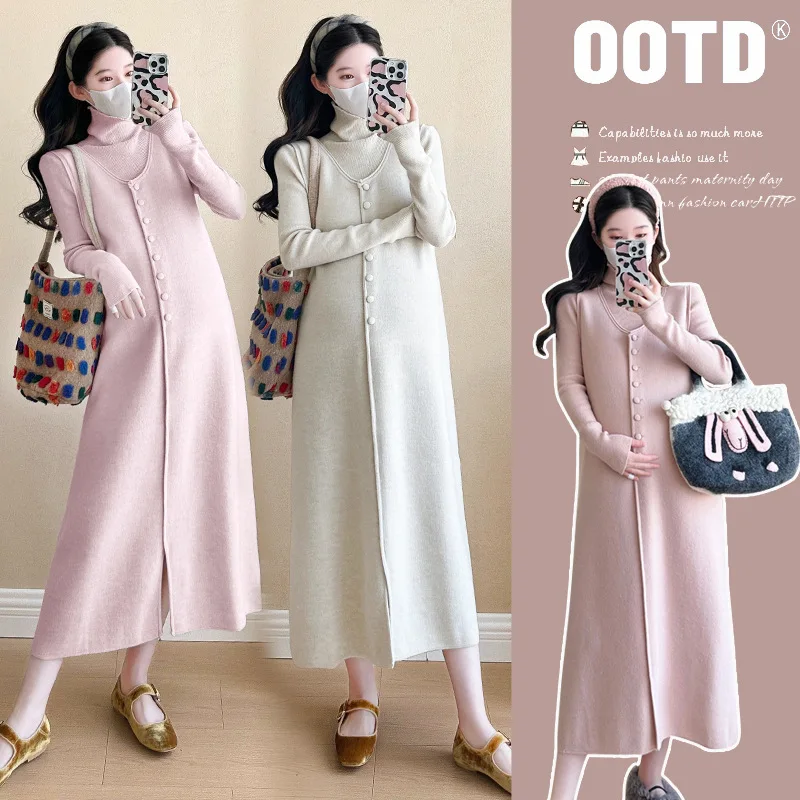 

Maternity Fashion Clothes Set Autumn Winter Knitted Sweater + Sundress Suit Turtleneck Top Elegant Long Dress for Pregnant Woman