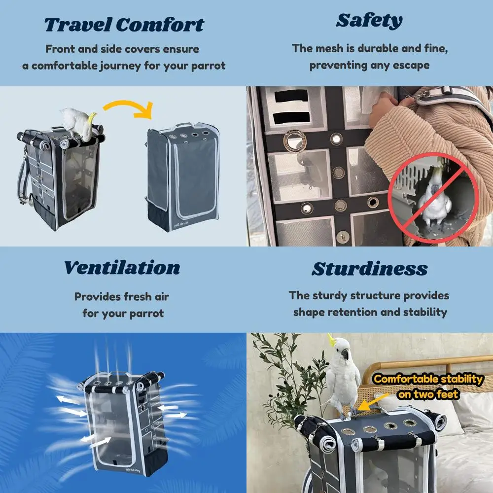 Mochila transportadora de pájaros: jaula de viaje para loros con percha de 2 piezas y tazón de comida, bandeja de acero inoxidable (gris carbón, cacatua y similar)