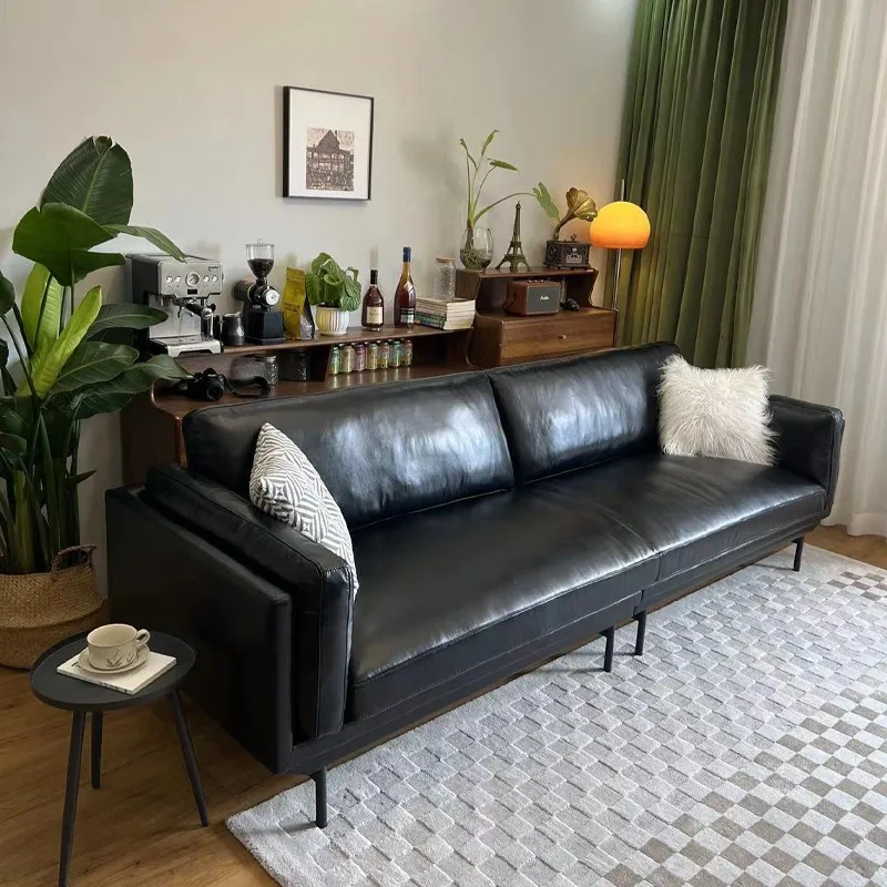 

Oil wax leather sofa first layer cowhide small apartment three people Nordic style simple American black retro living room strai