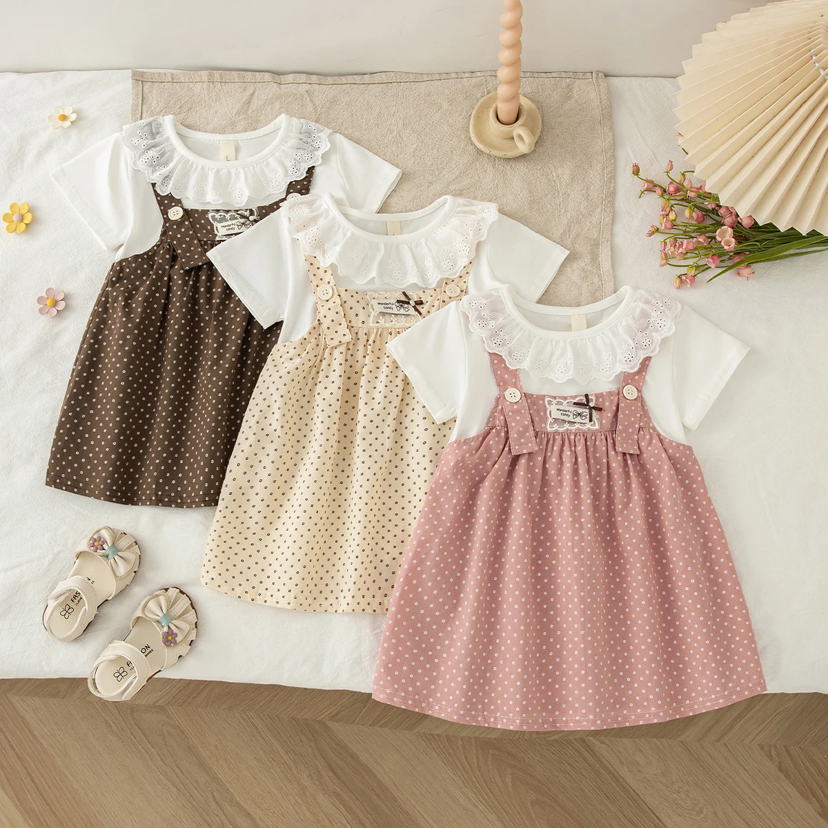 Baby Girl Dress Summer Cotton Polka Dot Lace Short Sleeved Girls Dresses Cartoon Cute Casual Girl Clothing ﻿