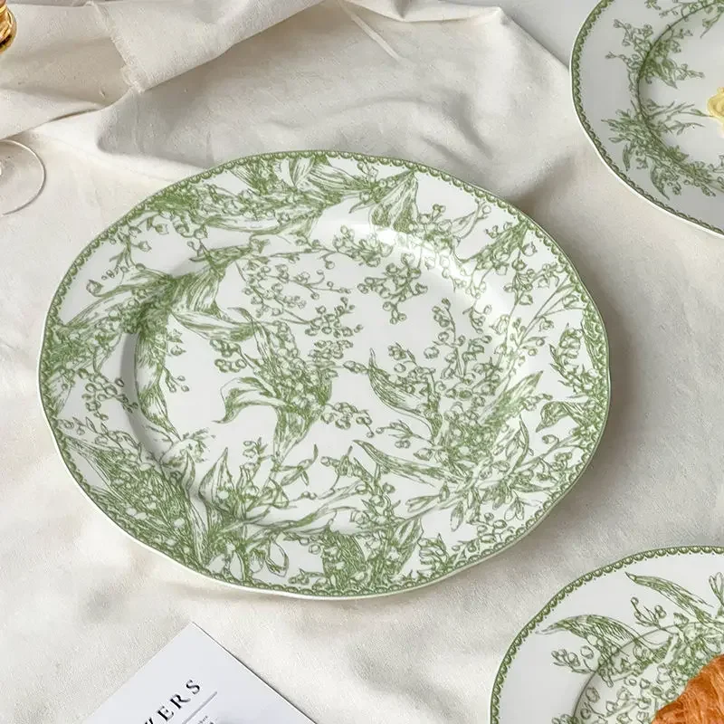 European Style Jade Green Lily of The Valley Series High-end Exquisite Bone China Western Dining Plate Dessert Plate Tableware