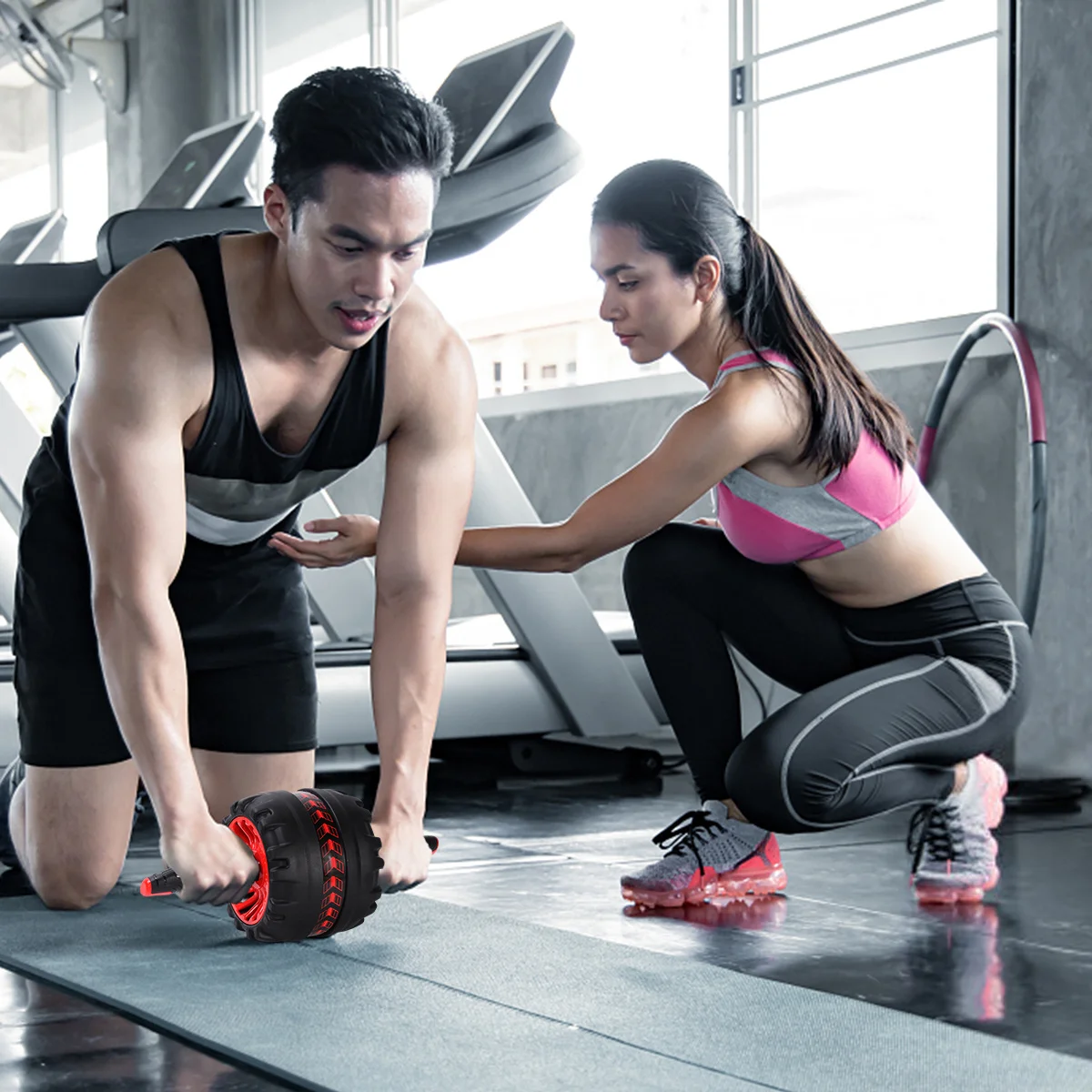 Ejercicio Abdominal rueda de acero engrosada revestimiento de goma rodillo de entrenamiento de Abdomen rojo para fuerza central silencioso antideslizante