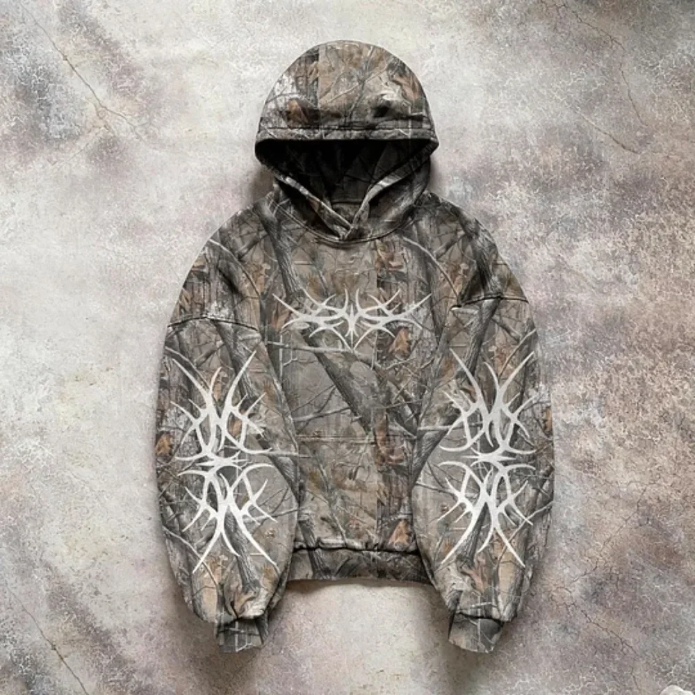 

Printed Hoodie Sweatshirt Men Autumn High Street V Neck Long Sleeve Jacket oversize Niche American Loose Retro Style Look Old