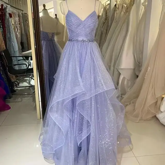 

Sparkly Lilac Beaded Prom Dresses Spaghetti Straps Tiered Skirt Modern Shiny Arabic Women Formal Prom Dresses for Wedding Party