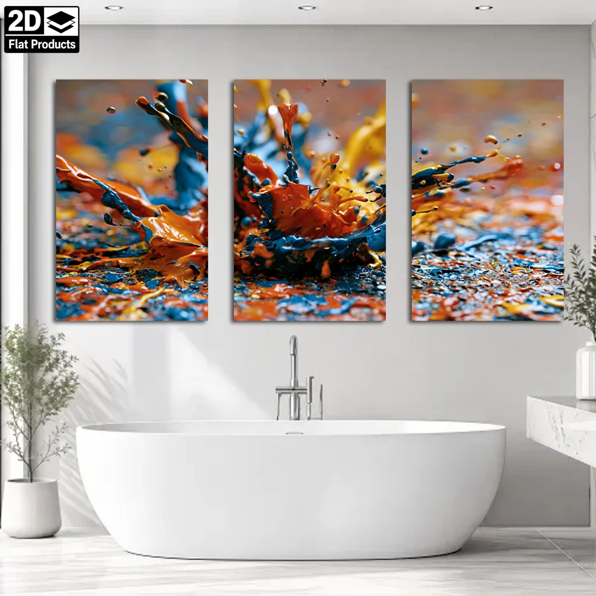Frameless 3PCS 2D Decorative painting - Canvas painting - Colorful paint splashes in orange blue and yellow with droplets - c