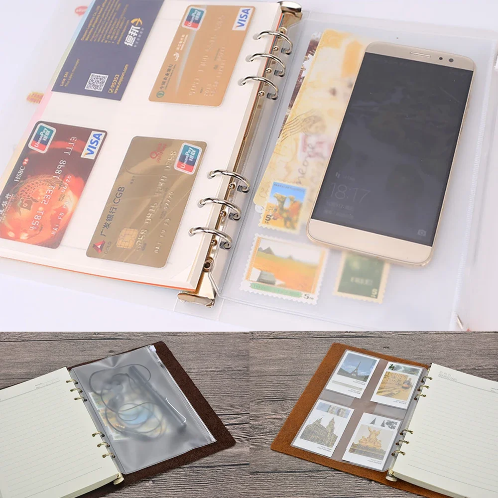 Transparent PVC Storage Card Holder For A5 Personal A7 Binder Rings Notebook 6 Hole Zipper Bag Pouch Diary Planner Accessories