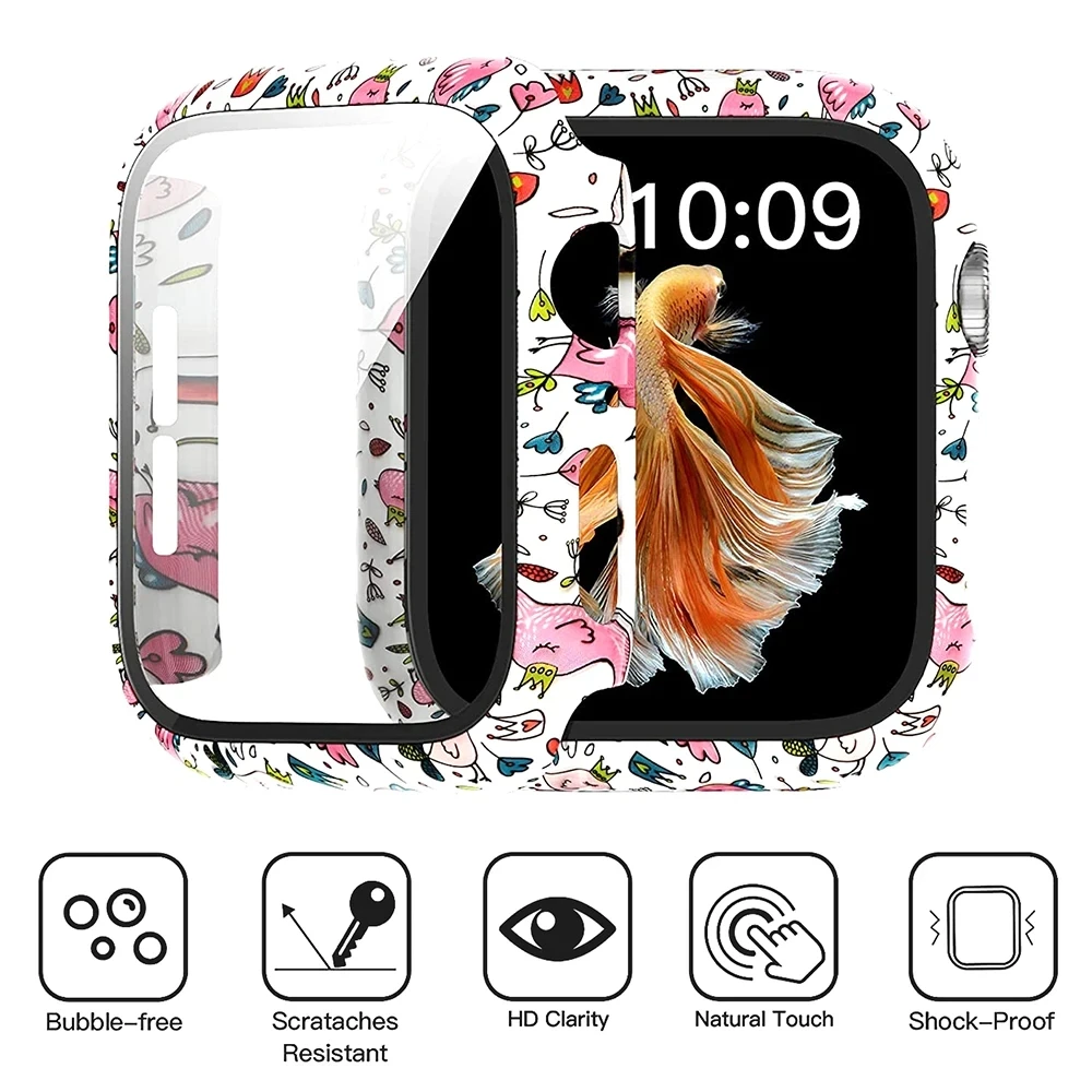 Silicone Strap+Cover for Apple Watch Bands 45/44mm 40/42/38mm Screen Protector, Glass+Silicone Wristband Strap for iwatch 2 in1