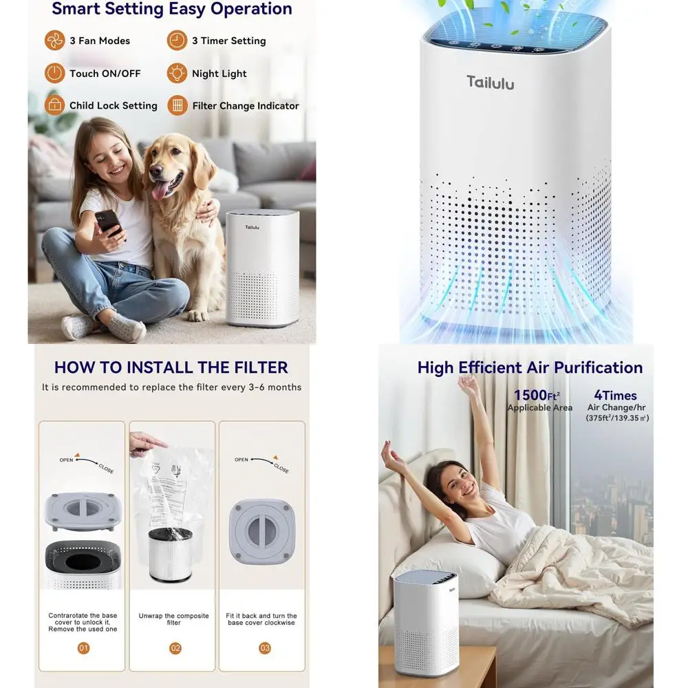 

Высокоэффективный очиститель воздуха HEPA для больших помещений площадью до 1500 кв. футов, подходит для устранения запахов домашних животных, пыли, неприятных ароматов и дыма.