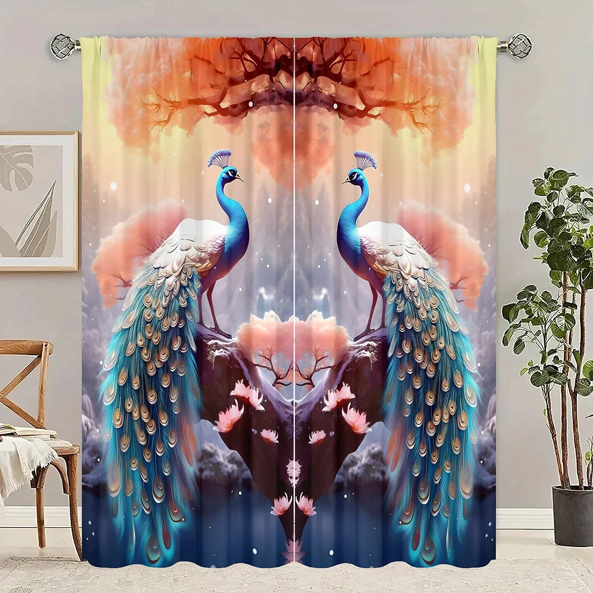 2-piece Peacock Decorative Art Filter Curtain Digital Printed Curtain,Suitable for Living Rooms, Bedrooms, Offices, Kitchens