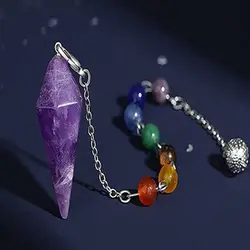 7 Chakra Natural Stone Pendant Crystal Pendulum for Divination Dowsing Reiki Pink Quartz Hexagon Pointed Bead Chain Pendulos