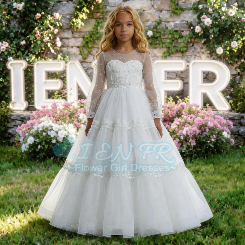 

Индивидуальное белое кружевное платье А-силуэта для девочек с жемчугом для Первого Причастия, свадьбы, дня рождения, выступления на сцене