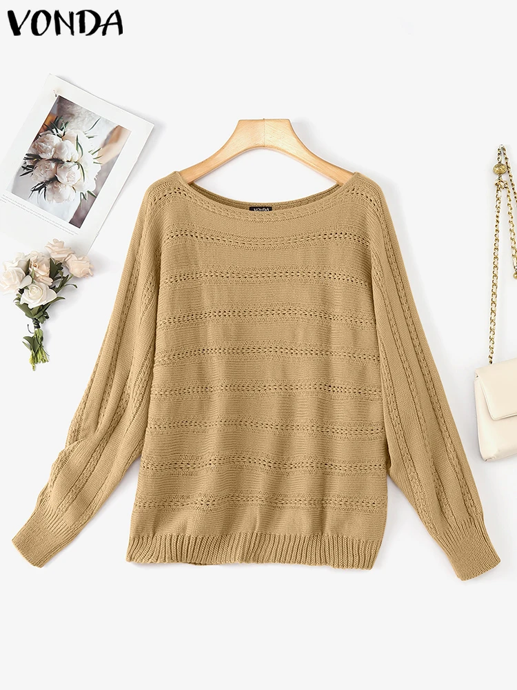 

Женские свободные свитера, осенний вязаный пуловер с круглым вырезом VONDA 2025, модные однотонные джемперы с длинными рукавами, повседневное свободное тонкое вязаное пальто