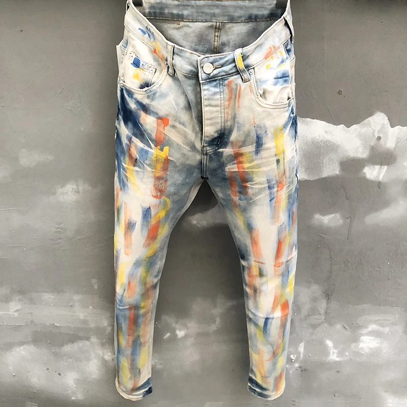 Men Color Paint Spraying Printed Jeans Stretch Skinny Denim Trousers America Slim Men Jeans Men Streetwear Party Pencil Pants