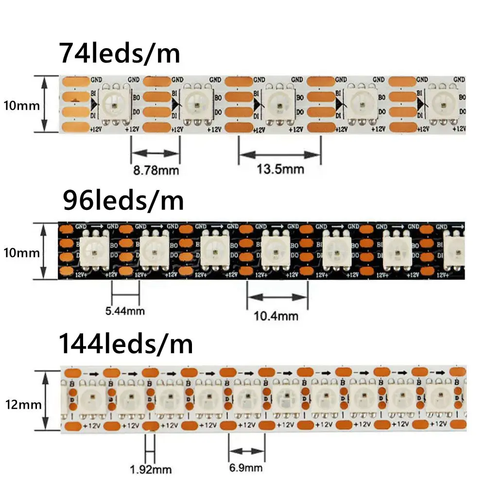 WS2815 5050 RGBIC Smart LED Strip (WS2812B WS2813 Updated) Individually Addressable IC 74/96/144 Pixels/Leds/m Light, 1-5m DC12V