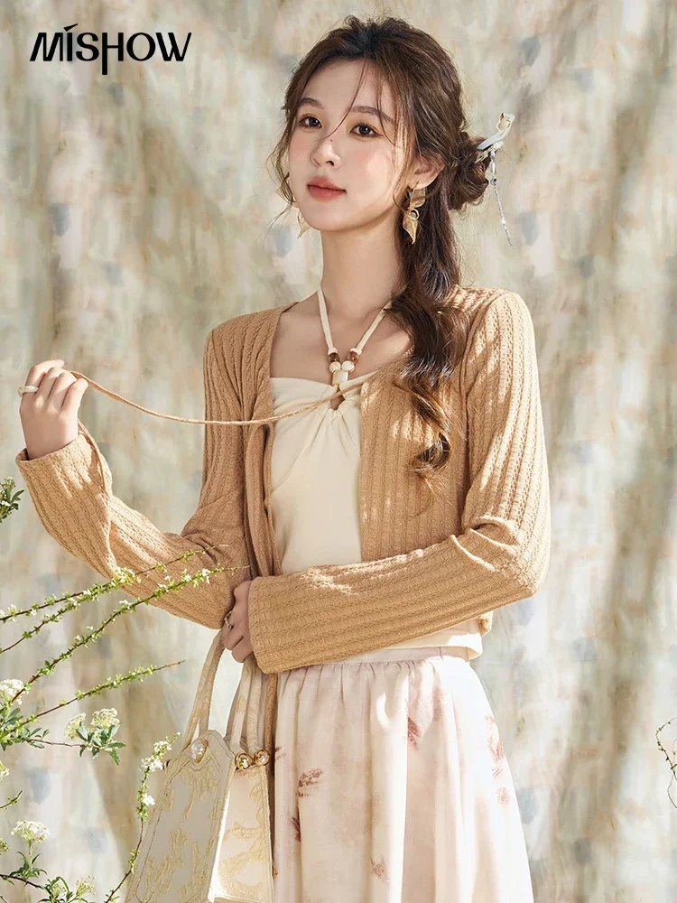 MISHOW Knitted Two-piece Set for Women 2024 Spring Solid Retro Sweet Lace Up Vest Paired with Long-sleeved Cardigan MXD12Z0534