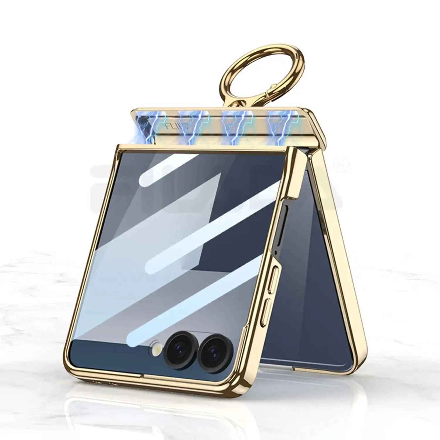Magnetic Fold Hinge Ring Holder For Samsung Galaxy Z Flip 7 Case Luxury Electroplated Matte Leather Hard Cover with Mirror Film