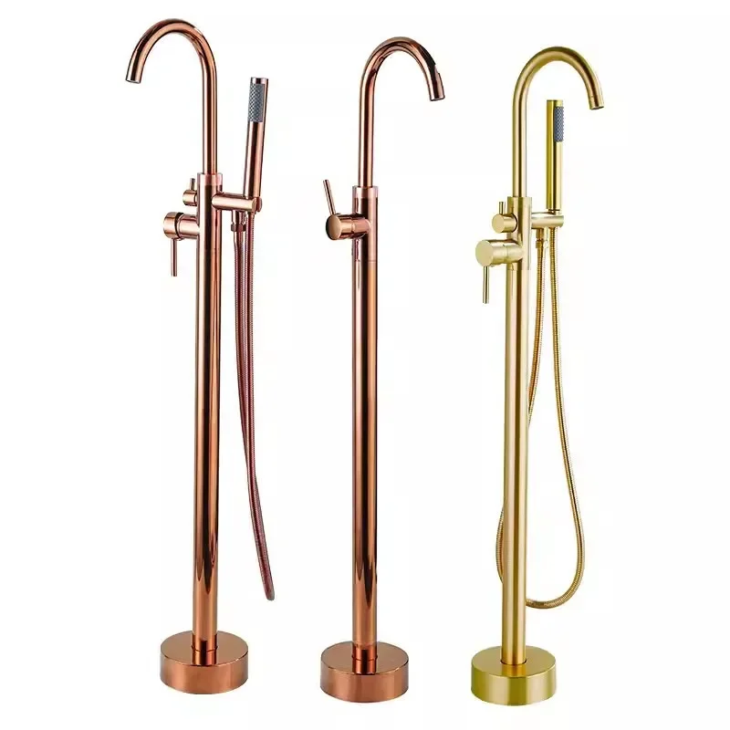 Rose Gold Bathroom Bathtub Faucet + Handheld Shower Free Standing Brushed Gold Luxury BathTub Mixer Taps Floor Mounted