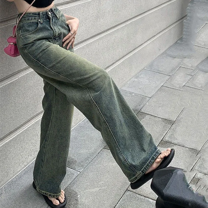 Lucyever Women Vintage Lengthen Straight Jeans Korean High Waist Washed Denim Pants Woman Streetwear Loose Wide Leg Trousers