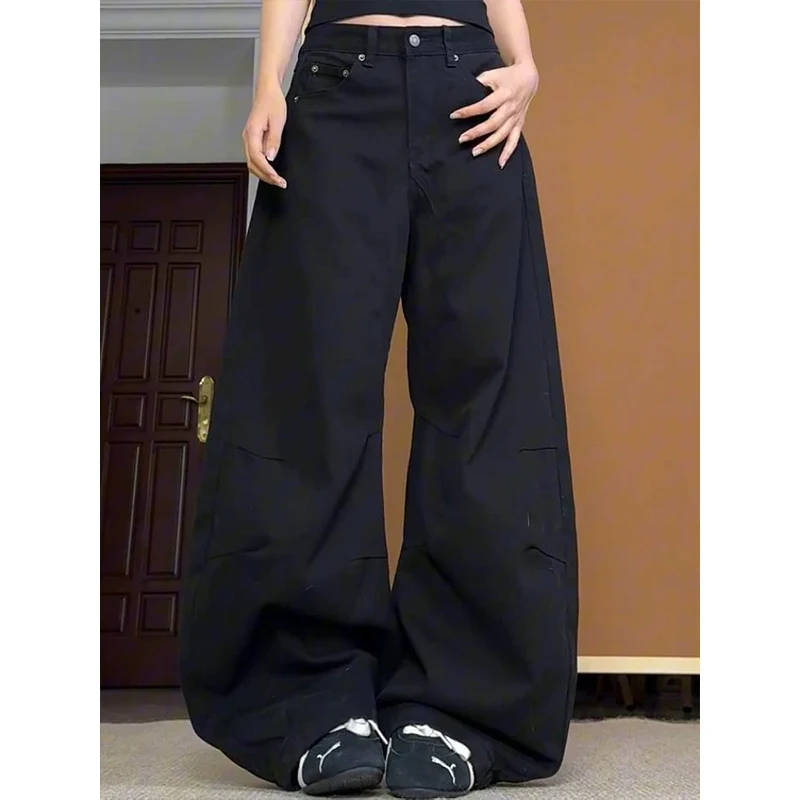 

American High Street Deconstructed Pleated Denim Jeans Women's plus Size Slimming Loose Wide Leg Pants Long Trousers