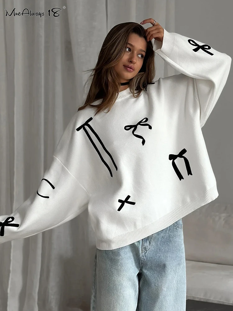 Mnealways18 White Bow Printing O-Neck Sweater Winter 2024 Long Sleeves Oversize Pullover Tops Office Ladies Print Sweater Solid