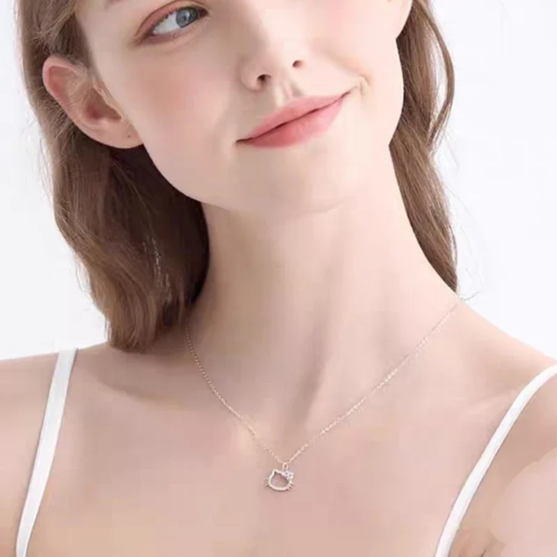 Hello Kitty Necklaces Kawaii  Anime Sanrio Crystal Pendant Ladies Girl Simple White Zircon Elegant Necklace Women Jewelry Gift