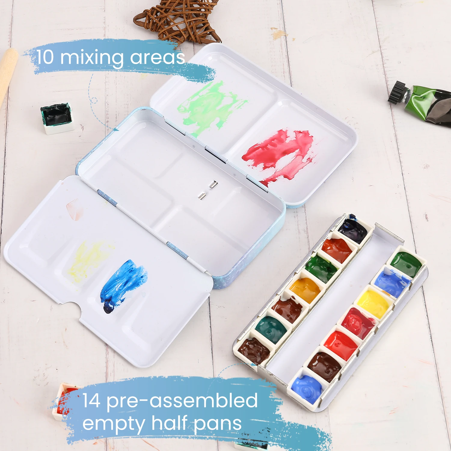 Paleta de lata de aquarela, caixa de pintura vazia de metal com 14 peças de meia panela vazia para paleta de aquarela de viagem DIY